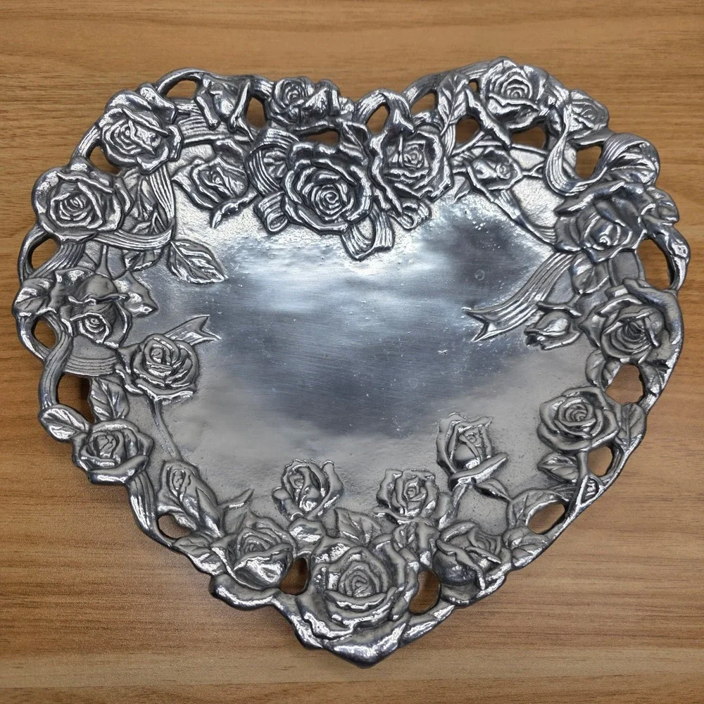 Vintage Arthur Court‎ California Rose Heart Tray Silver 1993 Aluminum With Box